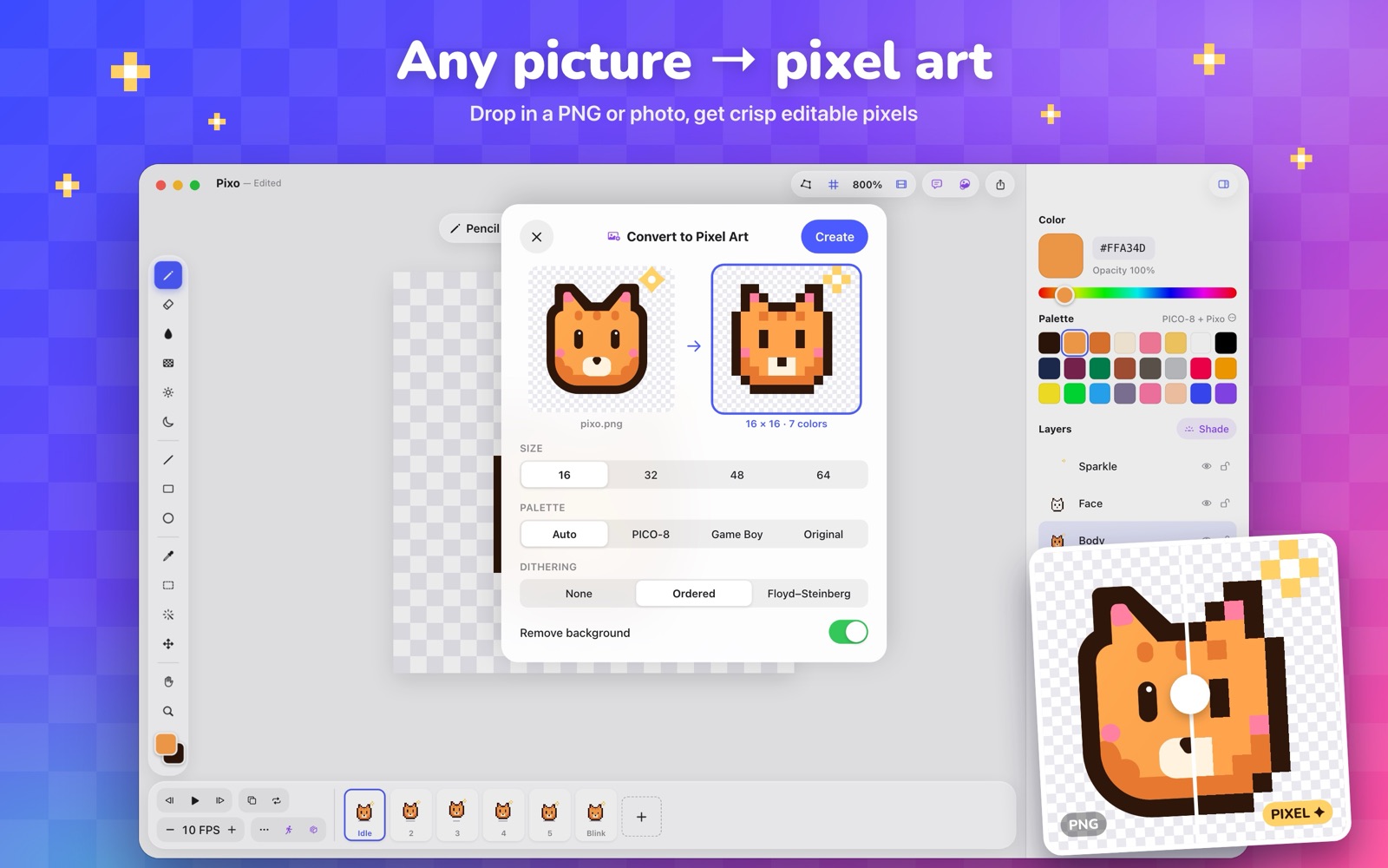 Pixora turning pixo.png, a smooth drawing, into a 16×16 pixel sprite