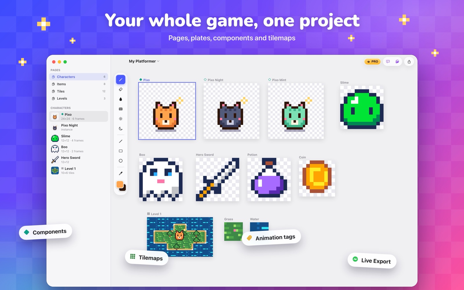 A Pixora project with pages for characters, items, tiles and levels